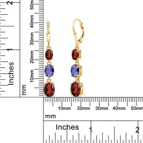 18K Yellow Gold with 5.44 Cttw 3 Stone Garnet and Blue Iolite Leverback Earrings